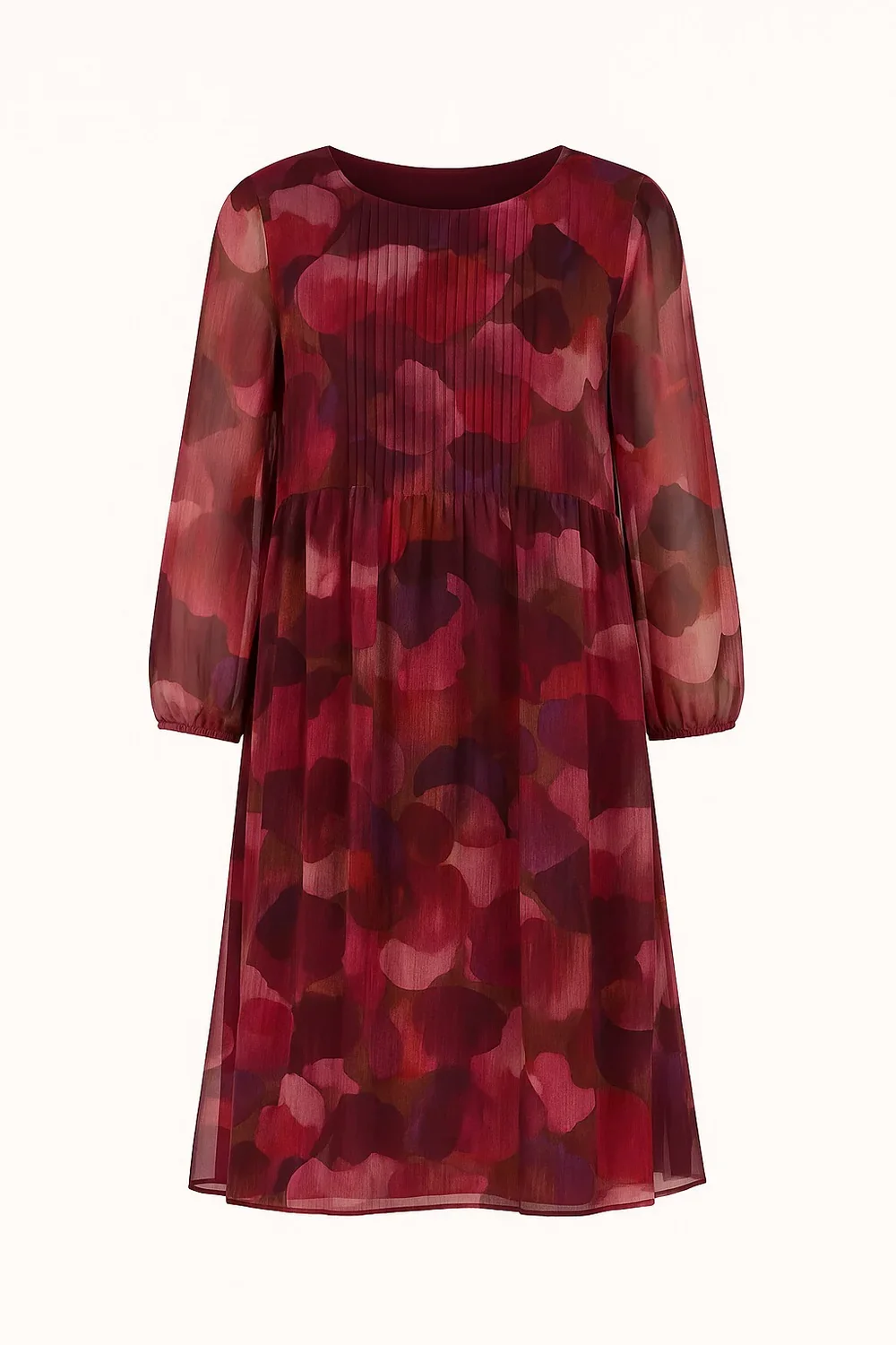 2-Biz Dieppe kjole i lyserd og bordeaux med plissdetaljer og 3/4-rmer