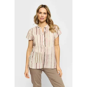Rosa stribet 2-Biz Beate bluse med v-hals vist forfra p� model