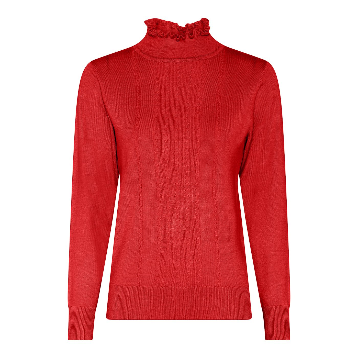 Micha rd strikbluse med lille turtleneck og flsekant, fletmnster foran og lange rmer – bld og lun damebluse i klar rd farve.