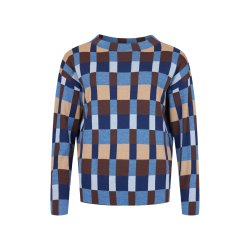 Detalje af elegant mnster p Sunday strikbluse i bl og brune nuancer