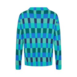 Detalje af elegant mnster p Sunday strikbluse i grnne og bl nuancer