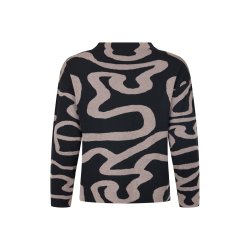 Detalje af sandfarvet abstrakt mnster p sort Sunday strikbluse