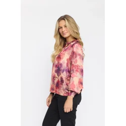 2-Biz bluse med smockmanchetter og farverigt mnster