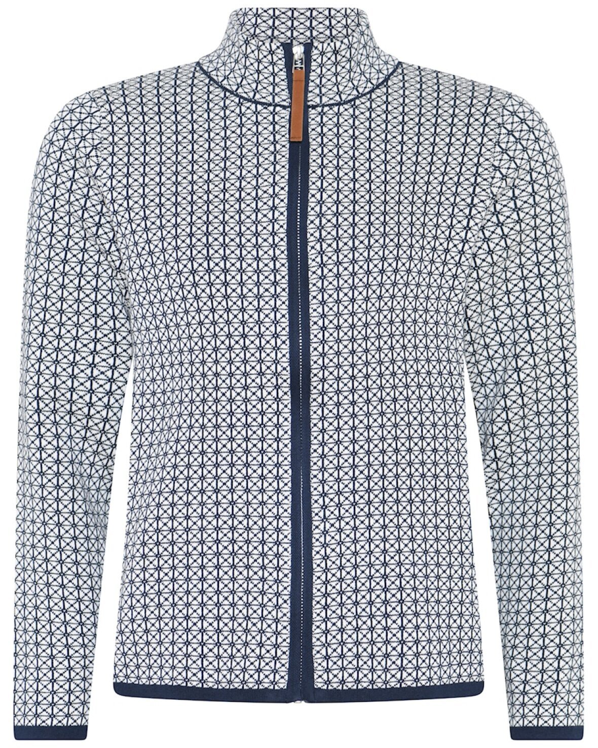 Hvid cardigan fra Skovhuus med mrkeblt mnster og lynls, set liggende