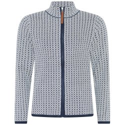 Hvid cardigan fra Skovhuus med mrkeblt mnster og lynls, set liggende