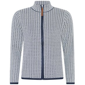 Hvid cardigan fra Skovhuus med mrkeblt mnster og lynls, set liggende