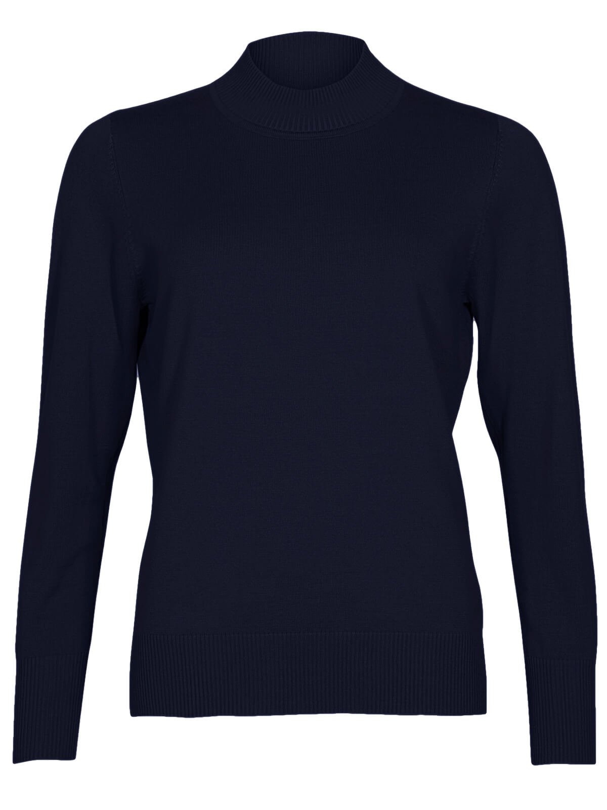 Micha strikbluse i navy med semihj turtleneck, rund udskring og lange rmer – klassisk og bld basisbluse til kvinder