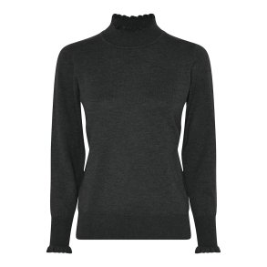 Gr Micha strikbluse med semihj hals og flser ved hals og rmer, bld og feminin strik til kvinder