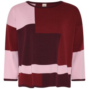 Skovhuus strikbluse med rund hals, lange rmer og mnster i lyserd, bordeaux og rd