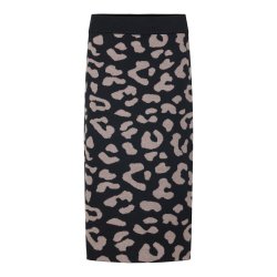 Sort strikket nederdel med brunt mnster, lige pasform og elastik i taljen