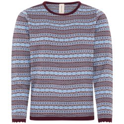 Brun og lysebl mnstret striktrje fra Skovhuus med rund hals og lange rmer vist fladt forfra