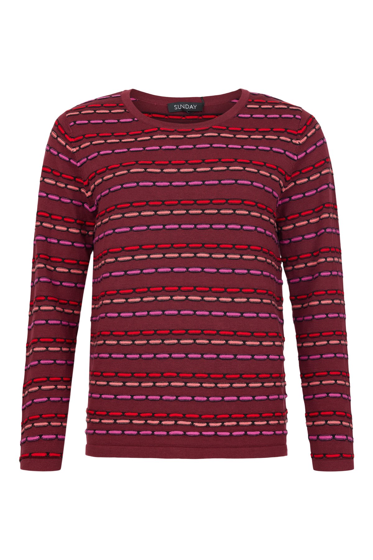 Sunday strikbluse med rund hals og lange rmer i smuk bordeux