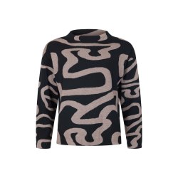 Sunday strikbluse til kvinder i sort med sandfarvet mnster – rund hals og lange rmer