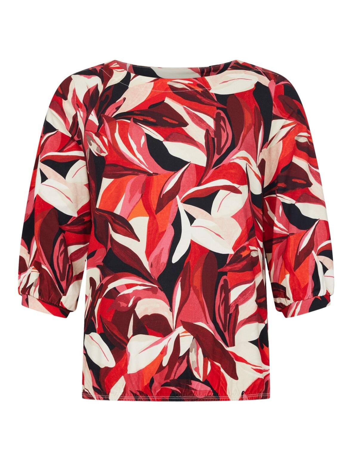 Sunday T-shirt til voksne kvinder med bladprint i rde og bordeaux nuancer – front