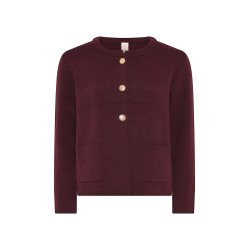 Vinrd strikcardigan med guldfarvede knapper og lommer vist fladt forfra