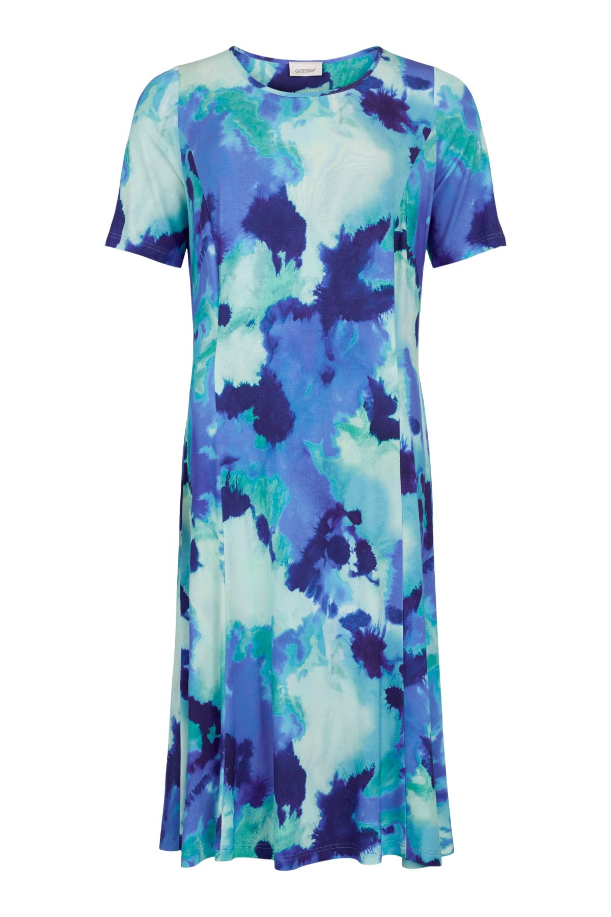 Smuk m�nstret kjole fra Godske i klare bl� og turkis farver med runde hals og korte �rmer.
