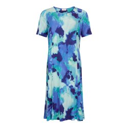 Smuk m�nstret kjole fra Godske i klare bl� og turkis farver med runde hals og korte �rmer.