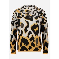 Strikbluse med leopardm�nster og creme bundfarve fotograferet forfra.