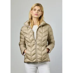 M�rk sandfarvet Junge dunjakke i let quiltet design vist forfra