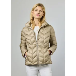 M�rk sandfarvet Junge dunjakke i let quiltet design vist forfra