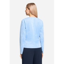 Bagfra kig af den lysebl� jakke p� model, der viser den flotte talje og lange �rmer.