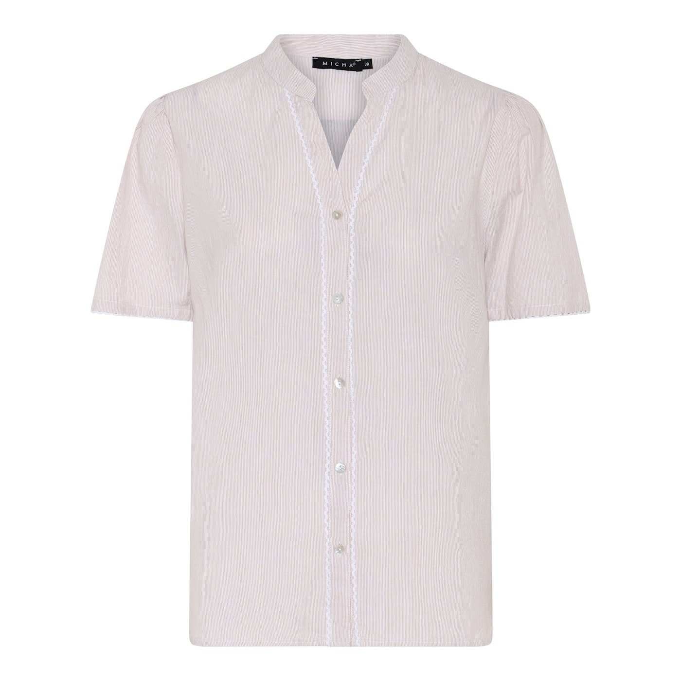 Stribet Micha bluse i sand og hvid med kinakrave og fin hvid kantdetalje