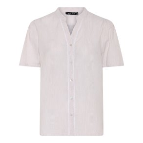 Stribet Micha bluse i sand og hvid med kinakrave og fin hvid kantdetalje