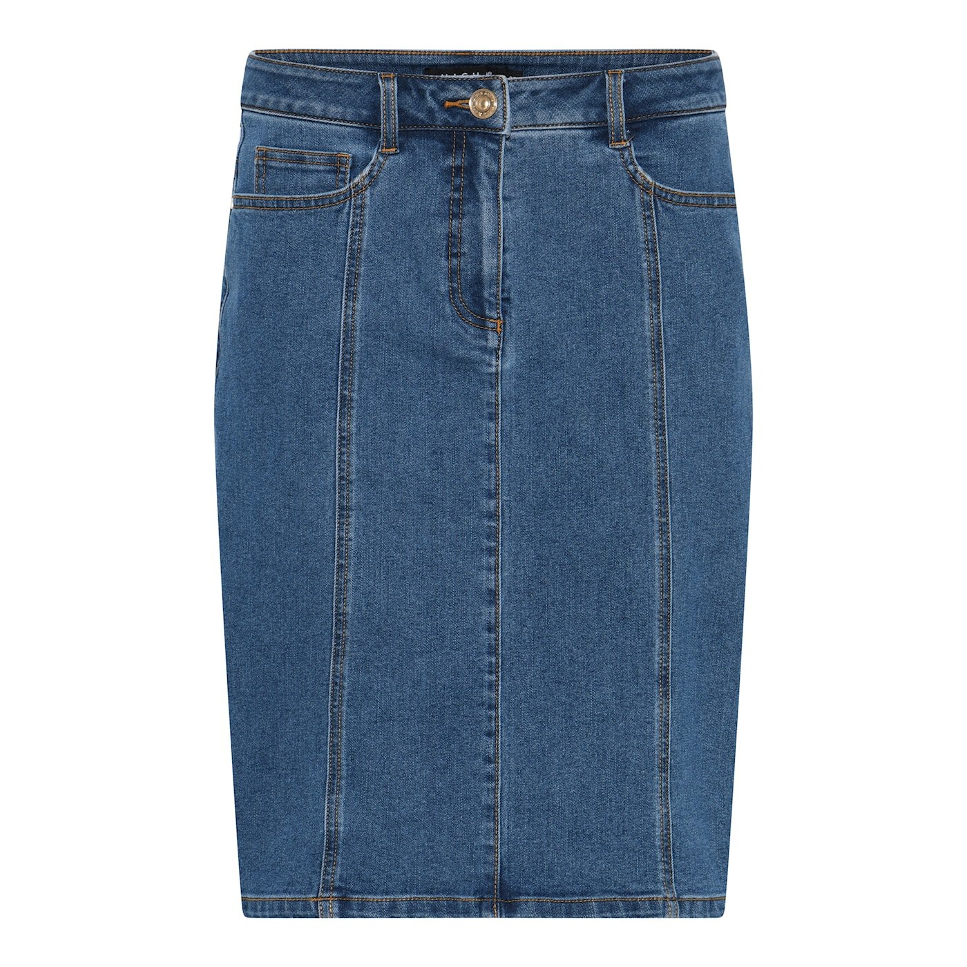 Klassisk m�rk denim nederdel fra Micha med lommer og b�ltestropper
