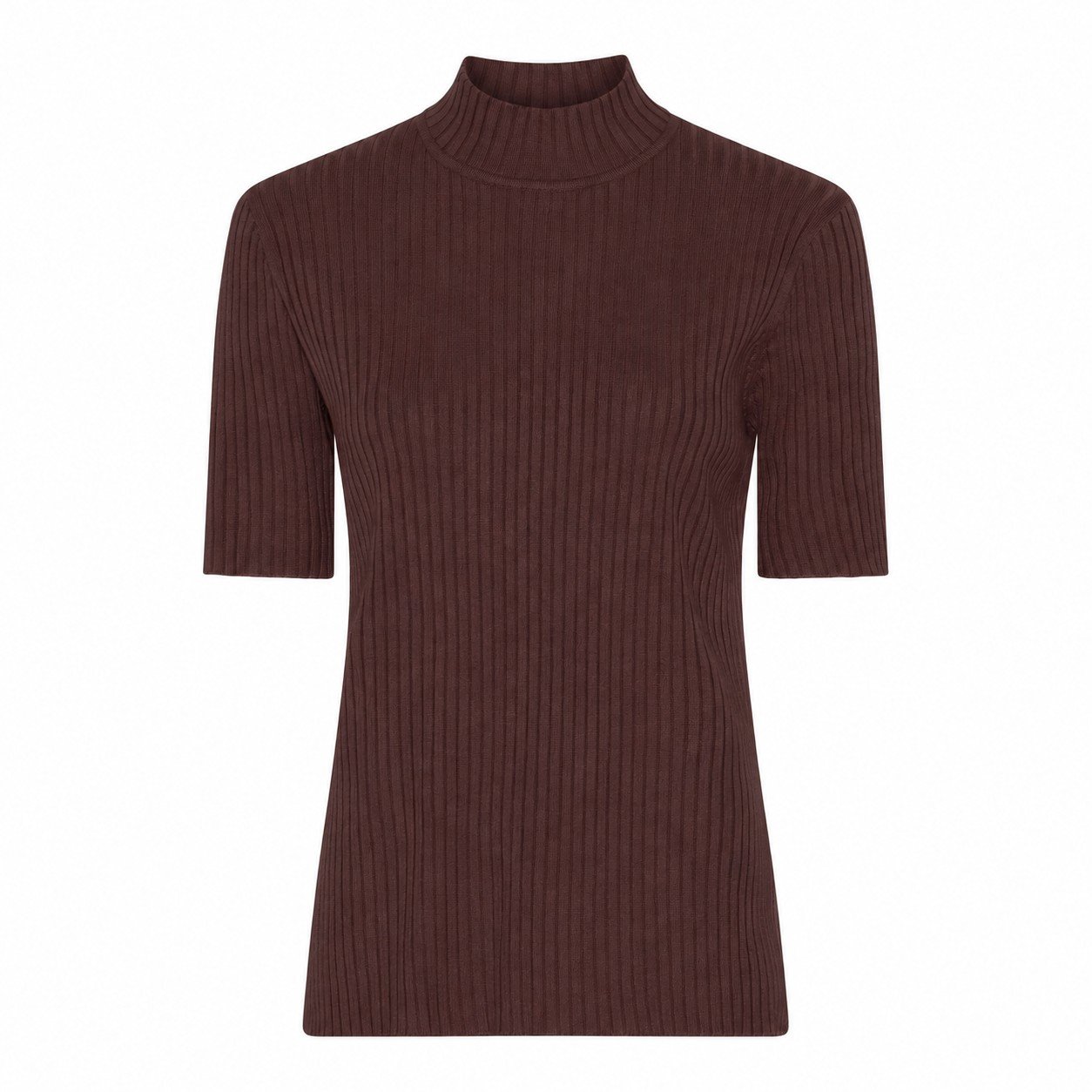 Klassisk brun ribstrikket bluse fra Micha med korte �rmer og turtleneck