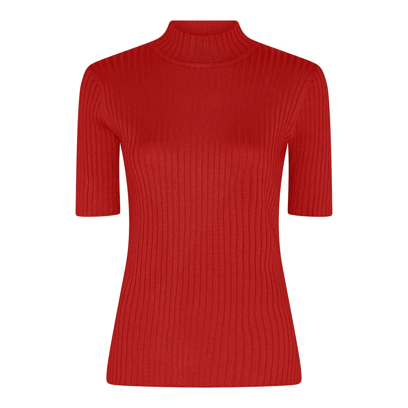 Klassisk r�d ribstrikket bluse fra Micha med korte �rmer og turtleneck