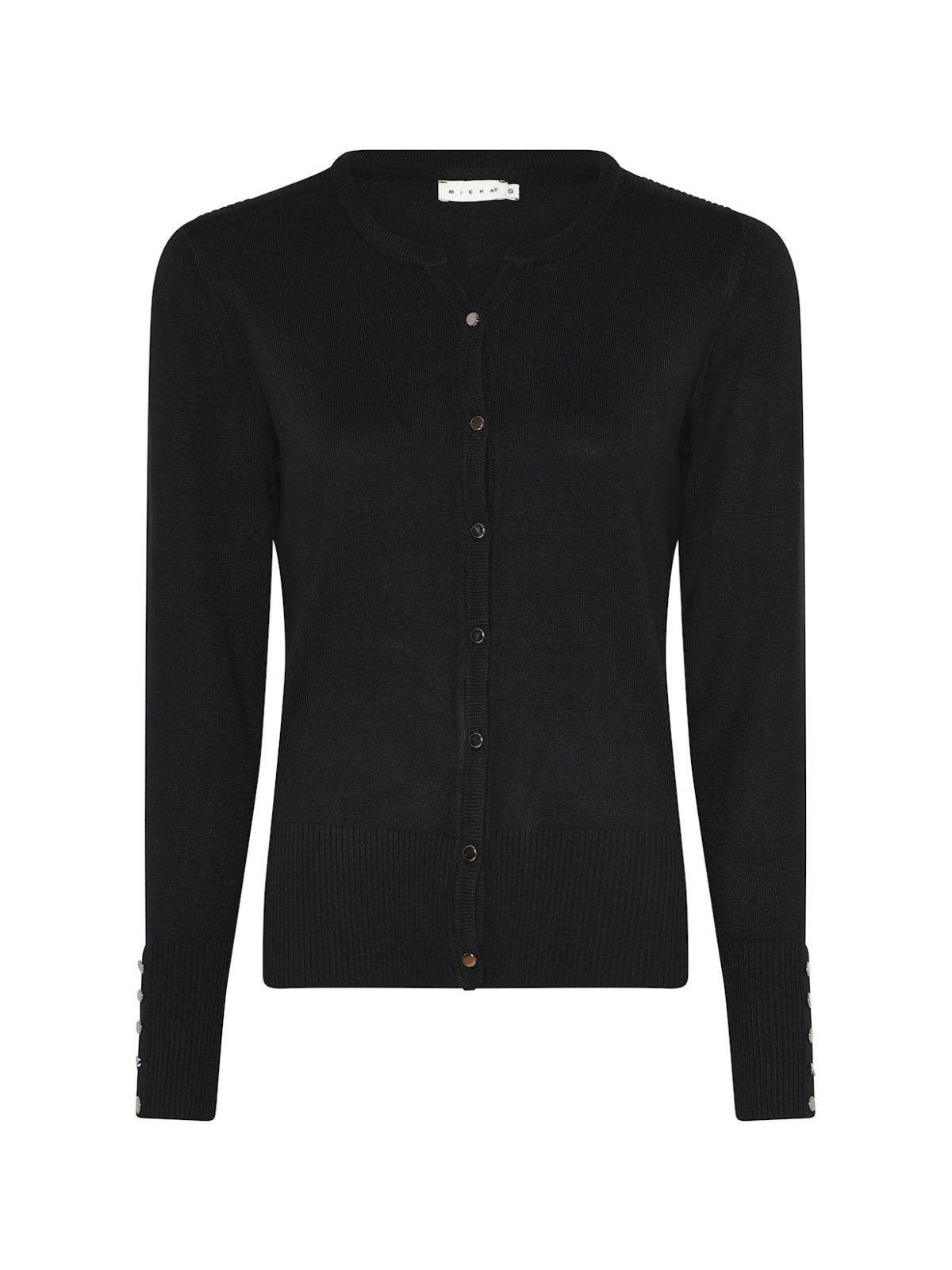 Klassisk sort cardigan fra Micha med rund hals, gennemg�ende s�lvknapper og ribmanchetter