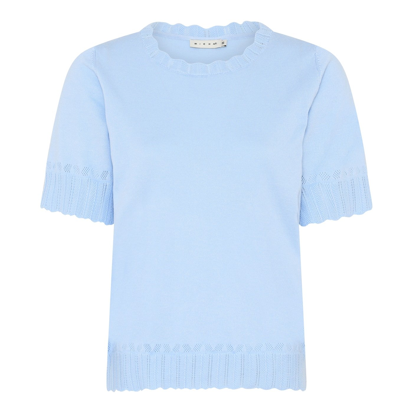 Ensfarvet lysebl� Micha strik t-shirt med dekorative m�nsterkanter