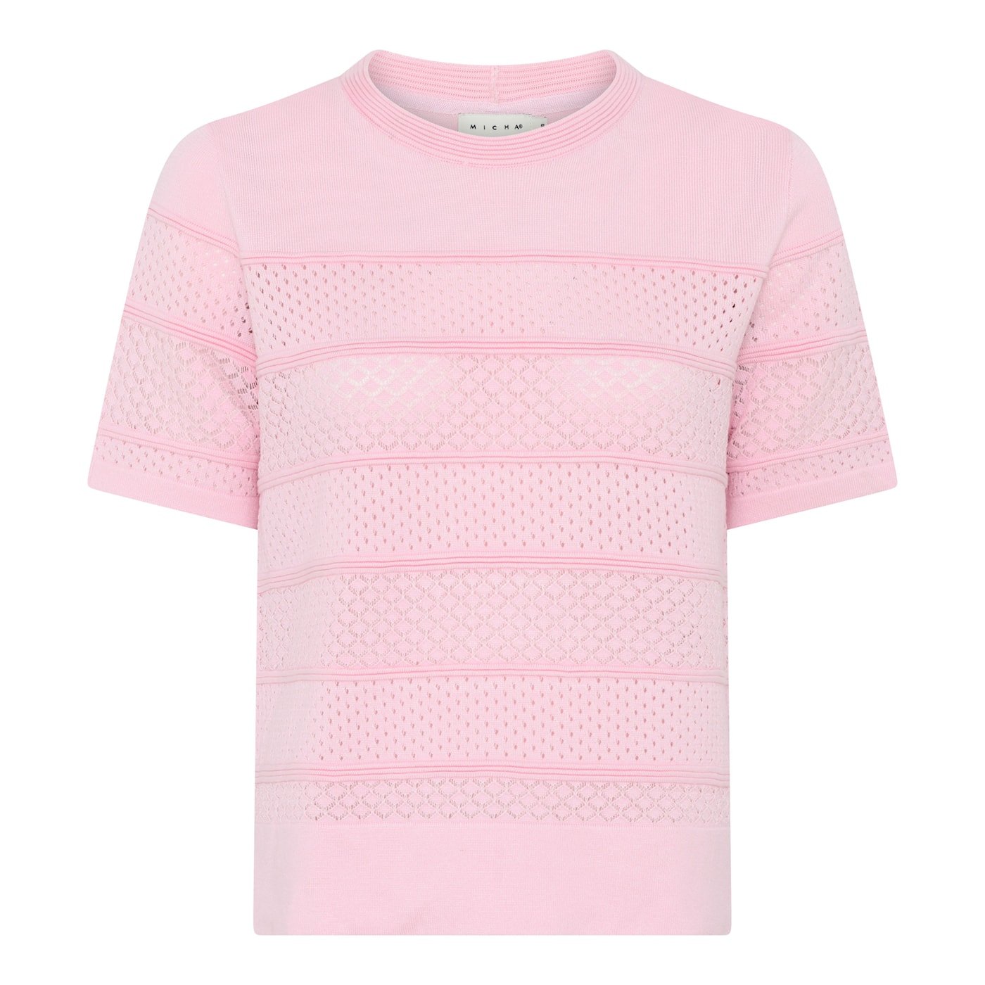 Feminin lyser�d Micha strik t-shirt med fint hulm�nster og korte �rmer