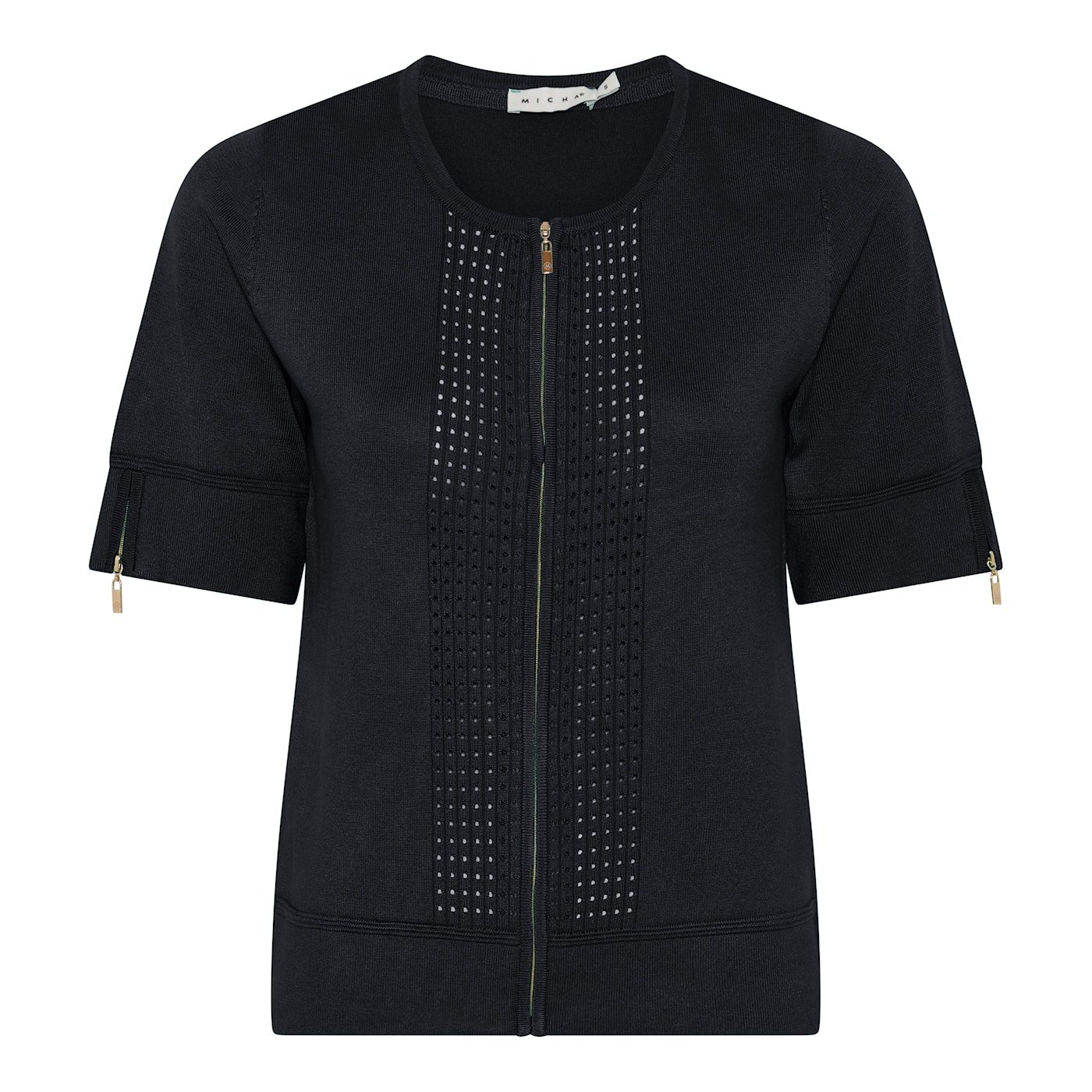 Navy bl� Micha strik t-shirt med gennemg�ende guldlynl�s og m�nsterdetaljer