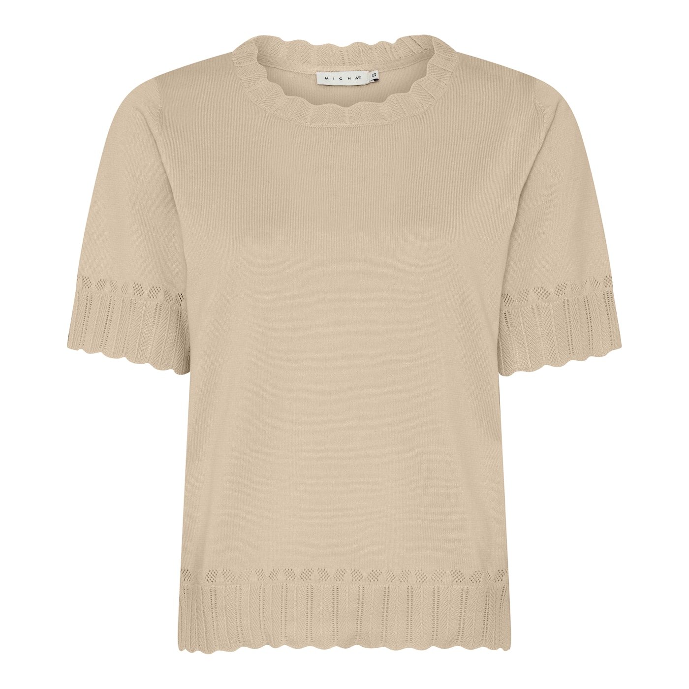 Ensfarvet sandfarvet Micha strik t-shirt med dekorative m�nsterkanter