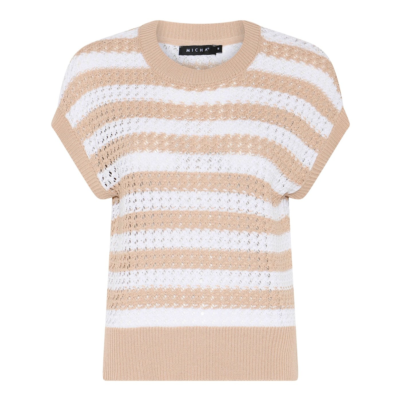 Stribet Micha strik t-shirt i sand og hvid med hulm�nster og ribkanter
