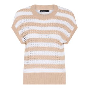 Stribet Micha strik t-shirt i sand og hvid med hulm�nster og ribkanter