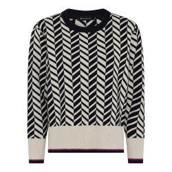 Lang�rmet strikpullover fra Micha i lys sand med m�rkebl� zigzag og r�d detalje forfra