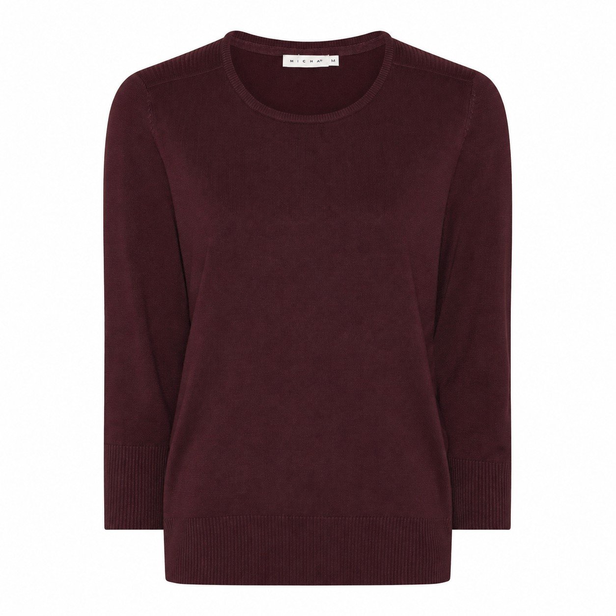 Ensfarvet bordeauxr�d strikbluse fra Micha med rund hals, 3/4 �rmer og ribkanter