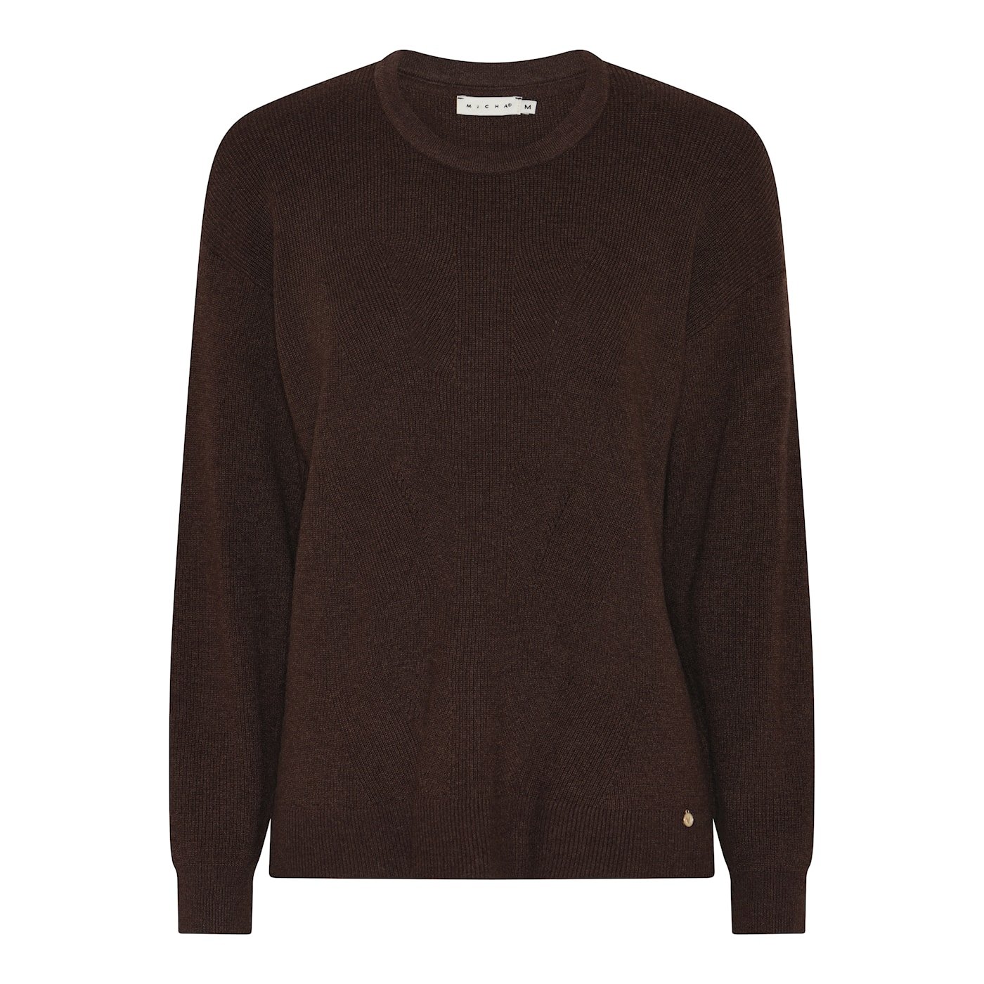 Ensfarvet chokoladebrun strikbluse fra Micha med rund hals og et diskret b�lget m�nster