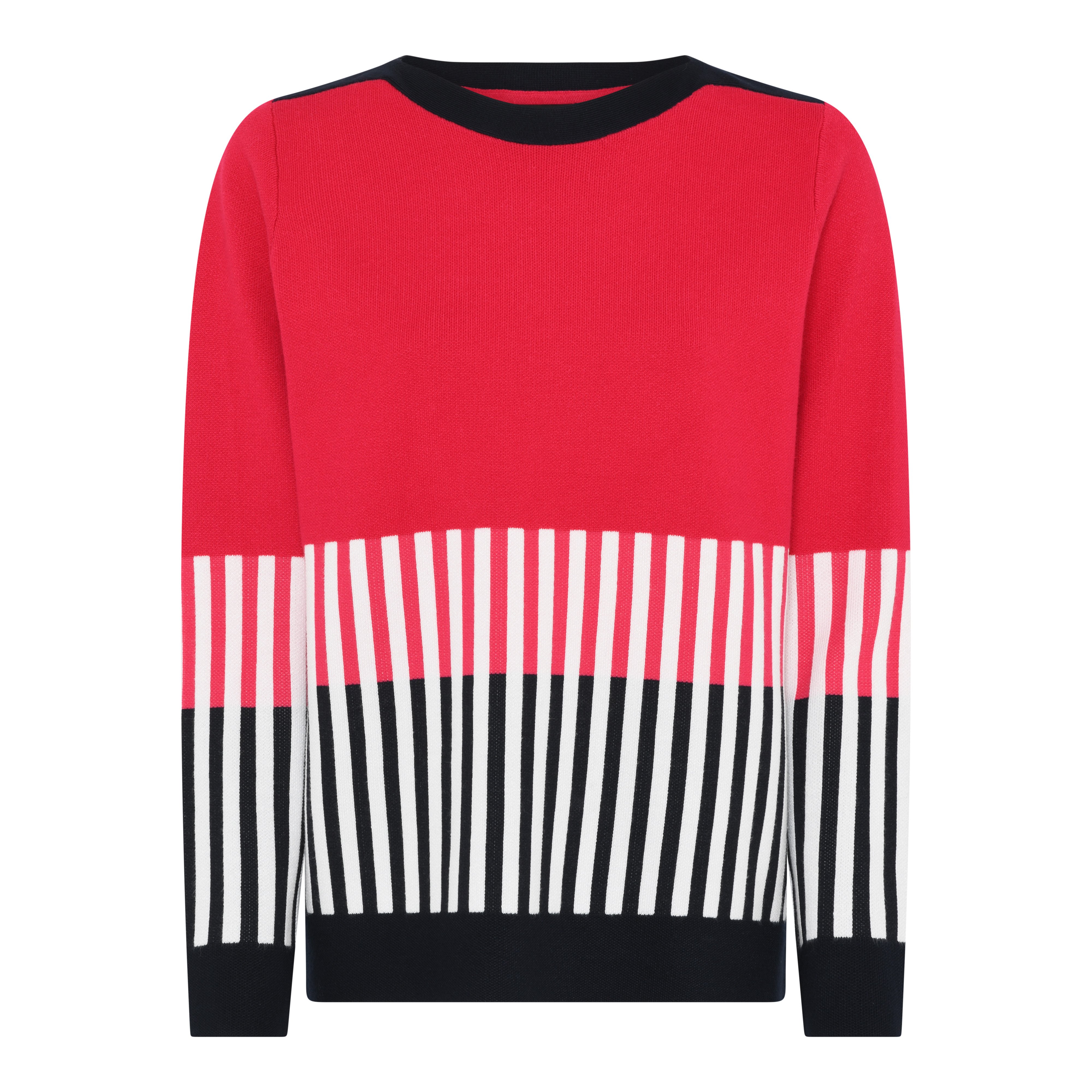 Pink strikbluse fra Micha med rund hals og et fint lodret m�nster i hvide farver