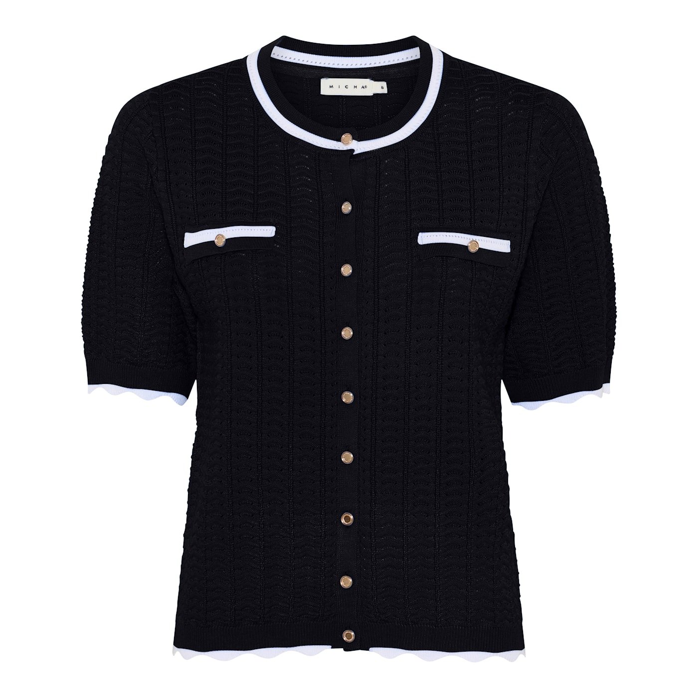 Navy bl� Micha strikcardigan med beige b�lgede detaljer og guldknapper