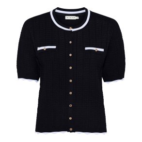 Navy bl� Micha strikcardigan med beige b�lgede detaljer og guldknapper