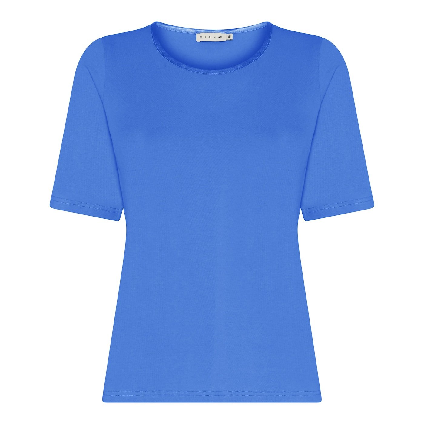 Klassisk bl� Micha t-shirt med fin satinkant i halsudsk�ringen vist p� model