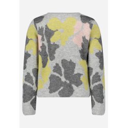 Bagsiden af den gr� strikbluse med blomsterdetaljer