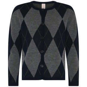 M�rkebl� og gr� m�nstret merino uldcardigan fra Skovhuus med rund hals og knapper forfra