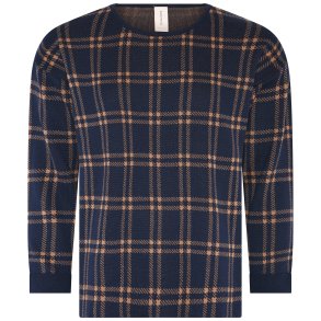 Strikbluse fra Skovhuus i mrkebl og brun med firkantet mnster, rund hals og lange rmer – lun og stilfuld