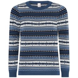 Strikbluse fra Skovhuus i bl og hvid med nordisk mnster, rund hals og lange rmer – varm og tidls