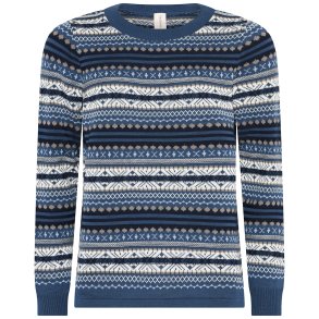 Strikbluse fra Skovhuus i bl og hvid med nordisk mnster, rund hals og lange rmer – varm og tidls