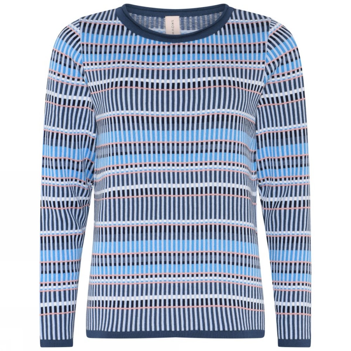 Strikbluse fra Skovhuus i en bl�d kvalitet med rund hals, lange �rmer og m�nster i bl� nuancer